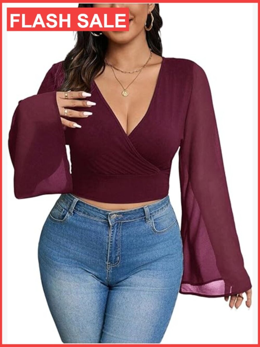 Plus Size Crop Top Bell Sleeve V Neck Wrap Blouse Party Going Out Tops